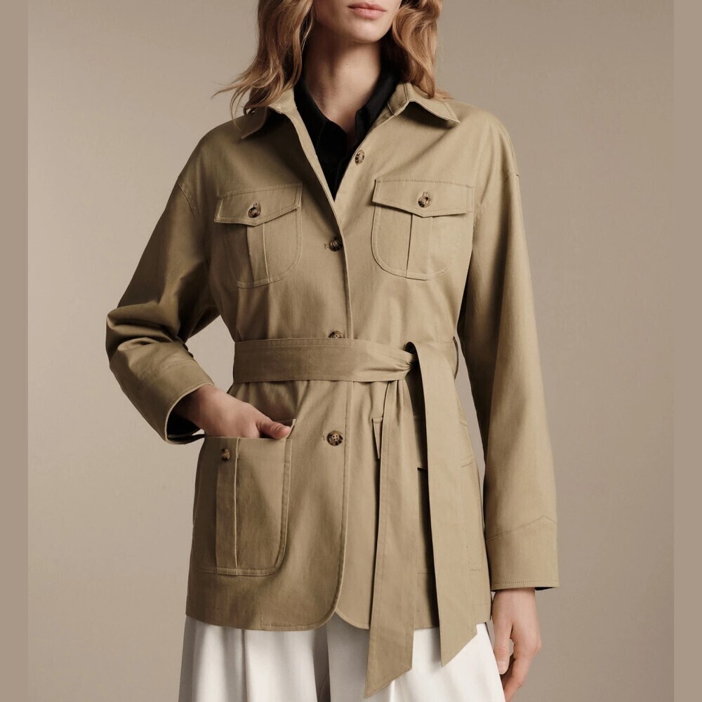 Tan Cotton Belted Safari Jacket with Flap Pockets and Collar